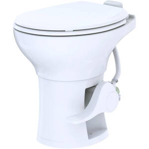 SEAFLO Porcelain RV Toilet with Sprayer Attachment - Elongated Bowl 19” Inch Residential Height, Gravity Flush, Foot Pedal Soft Close Seat